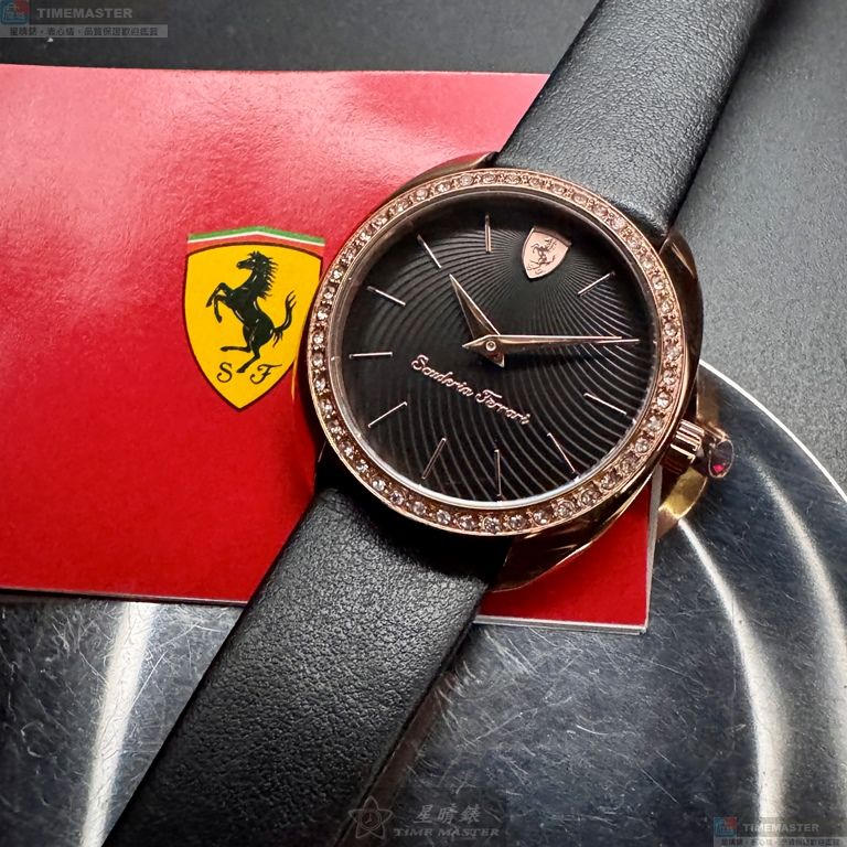 [星晴錶業]FERRARI手錶,34mm,FE00090黑色錶面玫瑰金錶殼深黑色真皮皮革錶帶款, , large