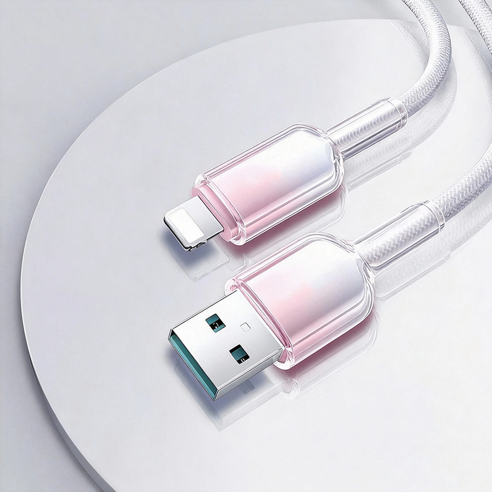 [Lele] Ice Crystal Tip Colorful Braided Fast Charging Cable USB to Lightning 1.5M Gray White Pink, , large