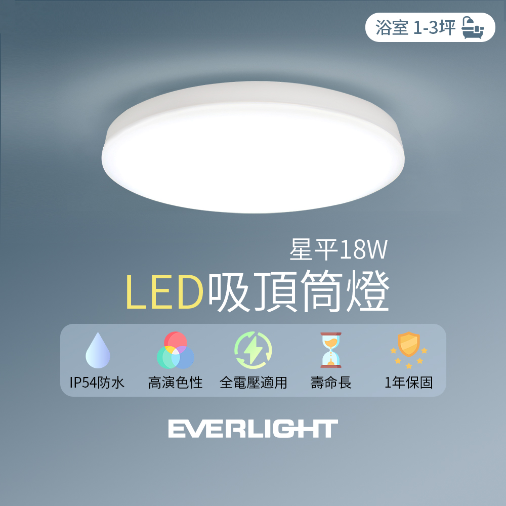 Everlight億光 LED 18W星平 防水吸頂筒燈(黃光), 黃光, large