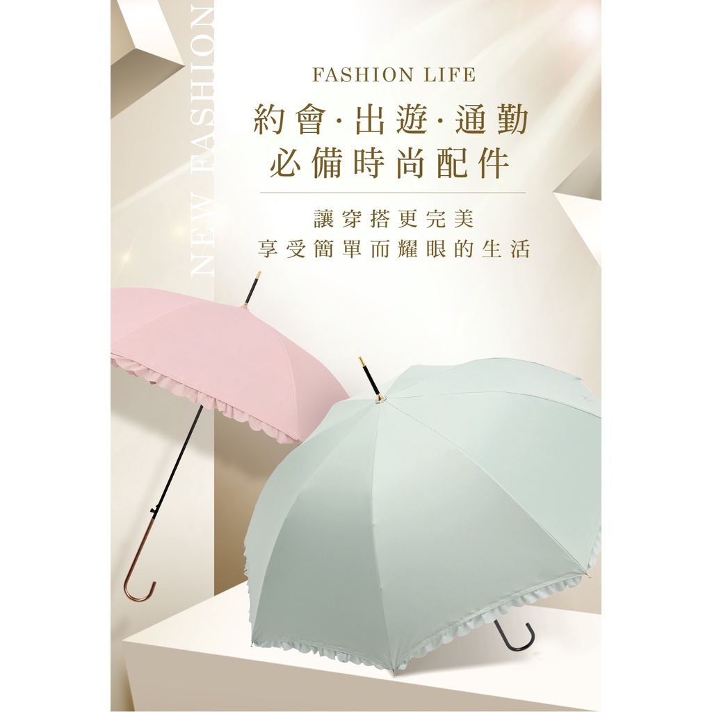 【周周生活】晴雨選品館｜抗UV晴雨兩用直傘 日系蝴蝶結荷葉花邊 典雅綠 自動開傘 輕量陽傘, , large