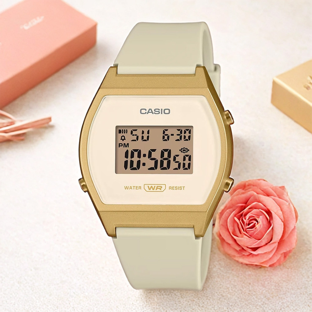CASIO 卡西歐 運動休閒電子錶-米白x金框 女錶 學生錶 送禮 禮物 推薦(LW-204-9A), , large