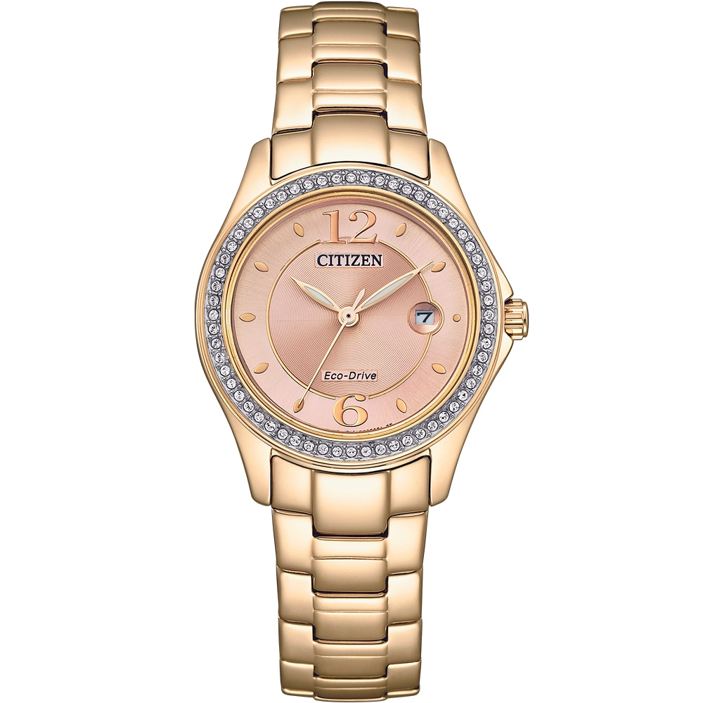 CITIZEN 星辰 光動能水晶奢華女錶-粉x金 FE1253-80X, , large