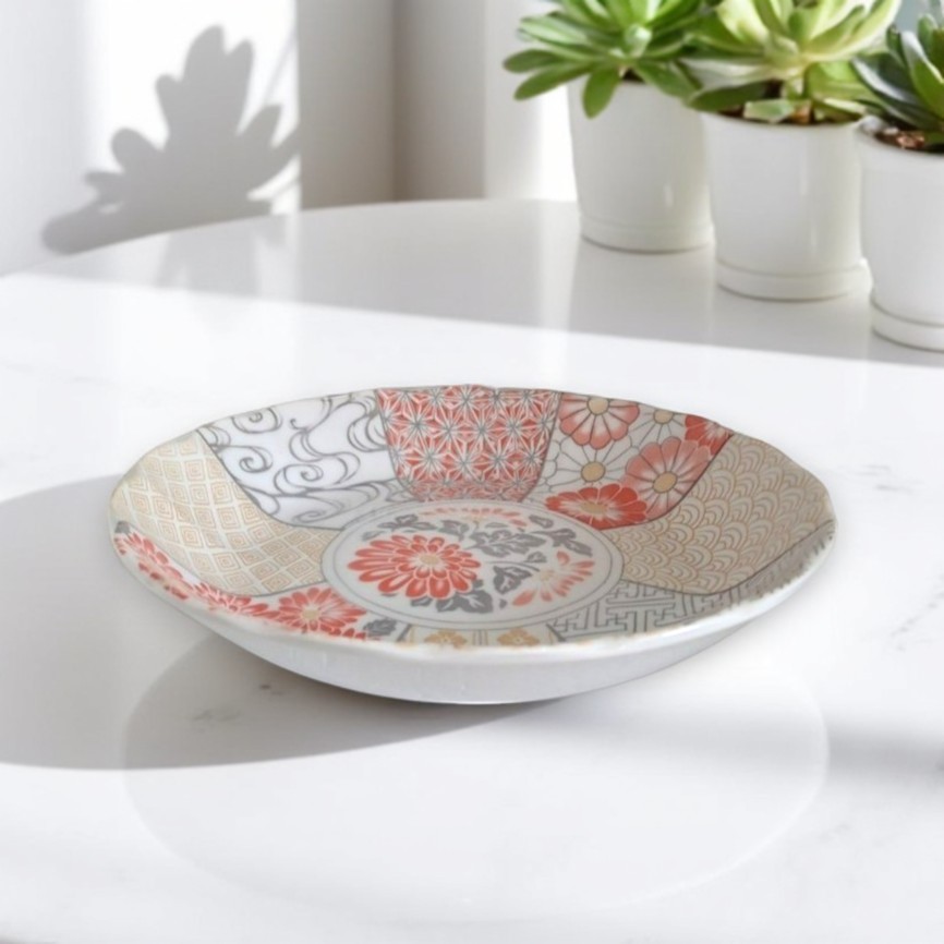 Minoyaki 7.0" Shallow Bowl &ndash; Red Flower Design, , large