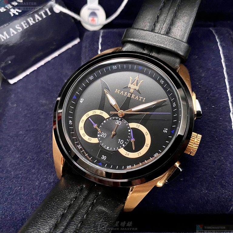 [星晴錶業]MASERATI手錶,46mm,R8871612025黑色錶面黑錶殼深黑色真皮皮革錶帶款, , large