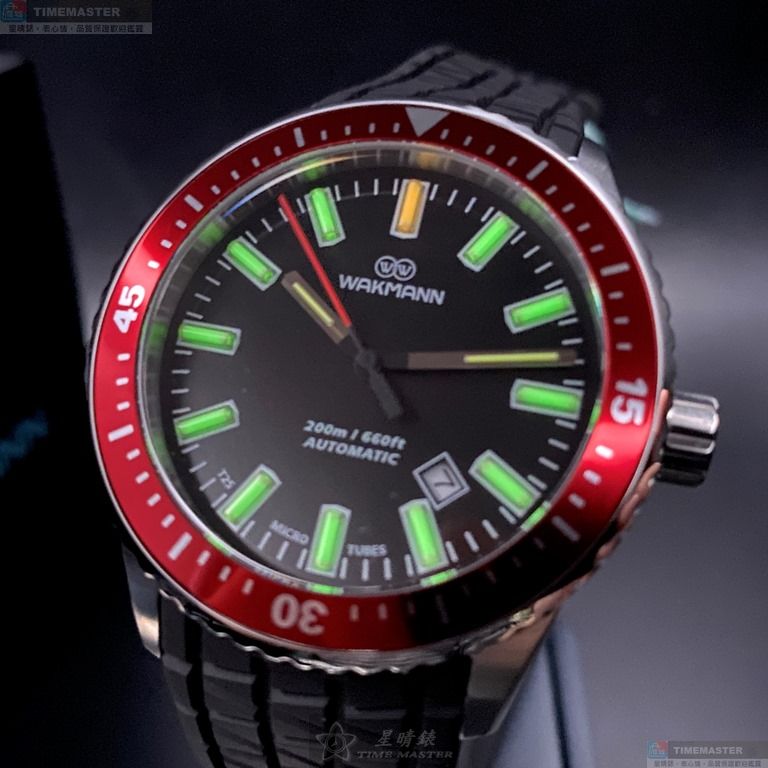 [星晴錶業]WAKMANN手錶,44mm,WA00008黑色錶面可樂圈錶殼深黑色矽膠錶帶款, , large