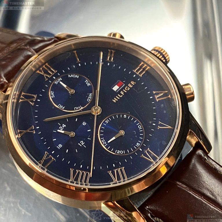 [星晴錶業]TommyHilfiger手錶,44mm,TH00009寶藍色錶面玫瑰金錶殼咖啡色真皮皮革錶帶款, , large