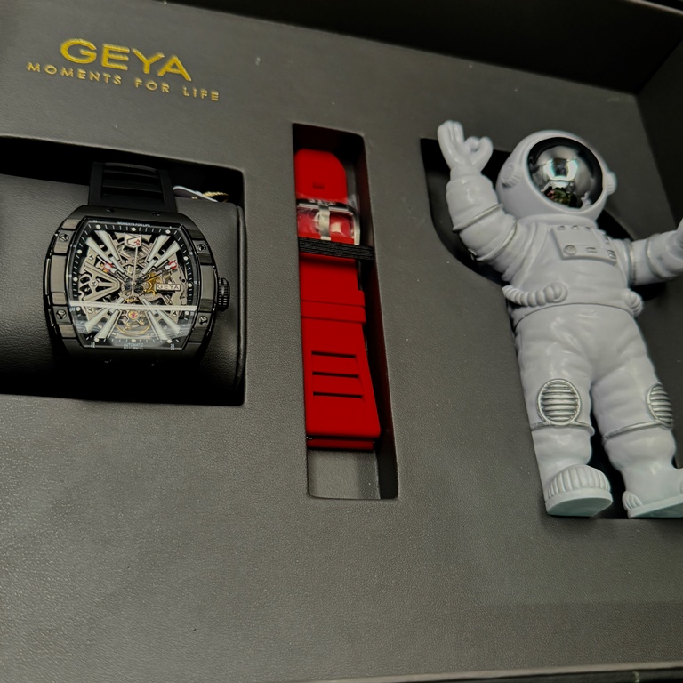 [星晴錶業]GEYA手錶,48mm, 52mm,G78130GWKK雙面機械鏤空錶面黑錶殼深黑色矽膠錶帶款, , large