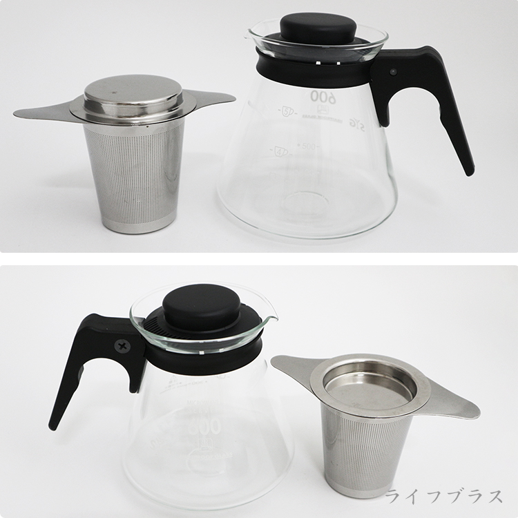 台灣製玻璃咖啡壺-605cc-塑膠手把x1+304不鏽鋼雙耳茶濾網x1-1組, , large