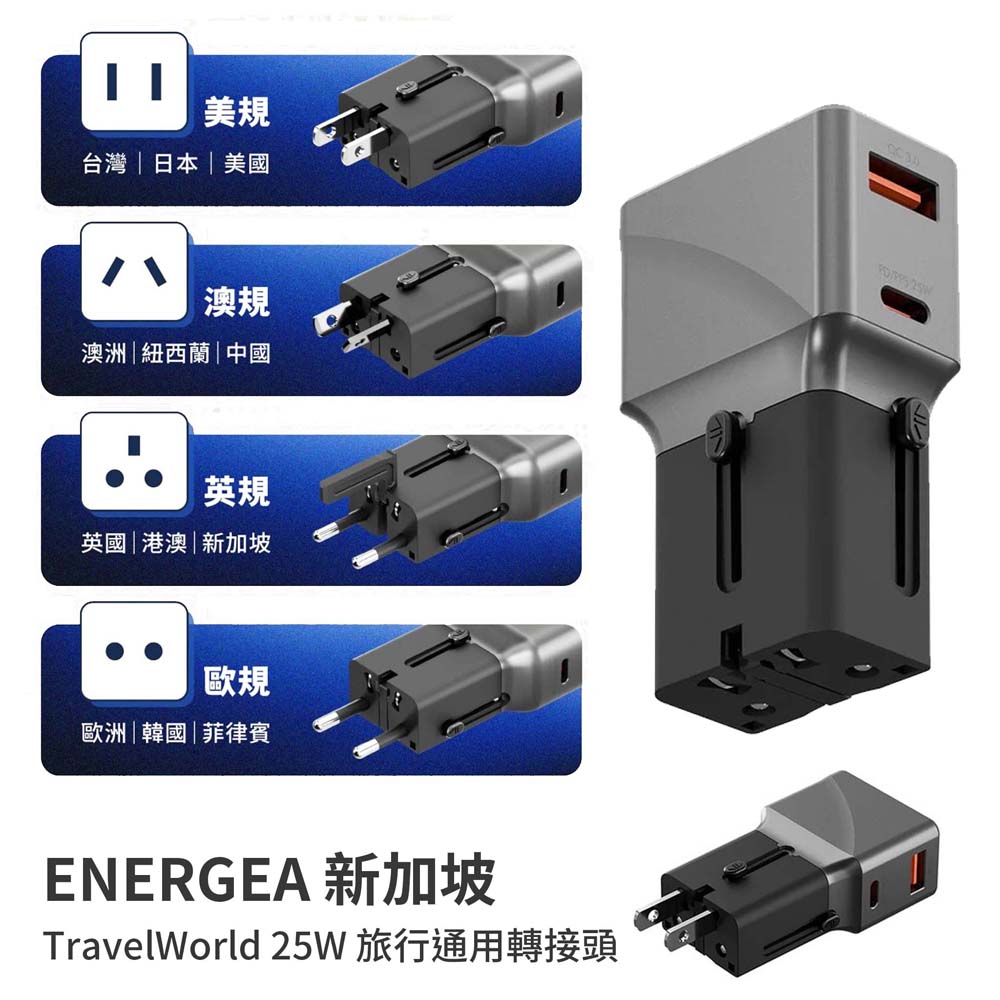【山水之寶】ENERGEA TravelWorld 25W 旅行通用轉接頭 美規 澳規 英規 歐規 快充插頭, , large
