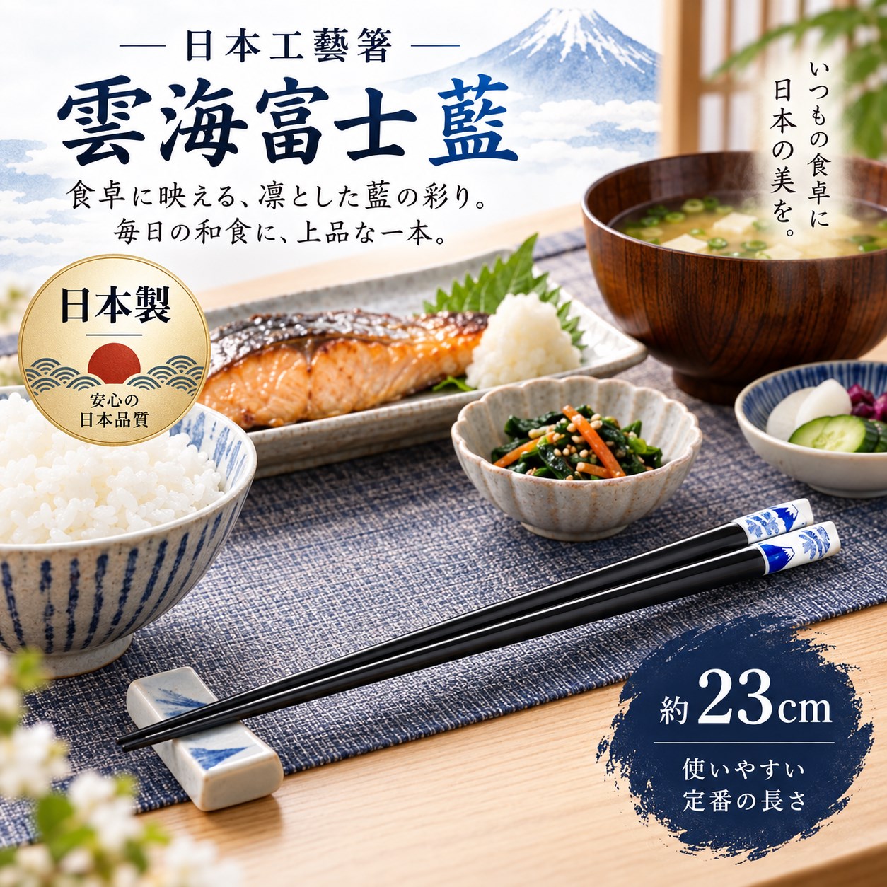 【HIYASU日安工坊】日本工藝箸-雲海富士 藍 23cm, , large