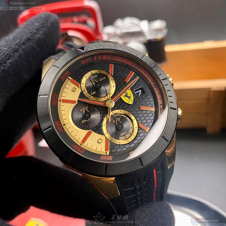 [星晴錶業]FERRARI手錶,46mm,FE00042黑金色錶面黑錶殼深黑色矽膠錶帶款, , large
