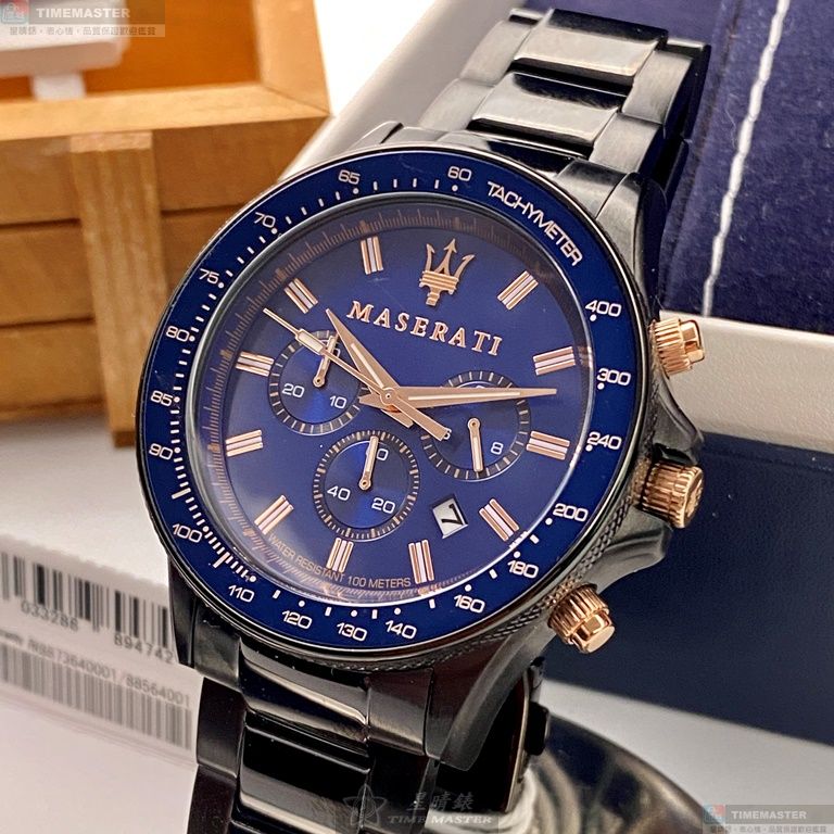 [星晴錶業]MASERATI手錶,44mm,R8873640001寶藍色錶面黑錶殼深黑色精鋼錶帶款, , large