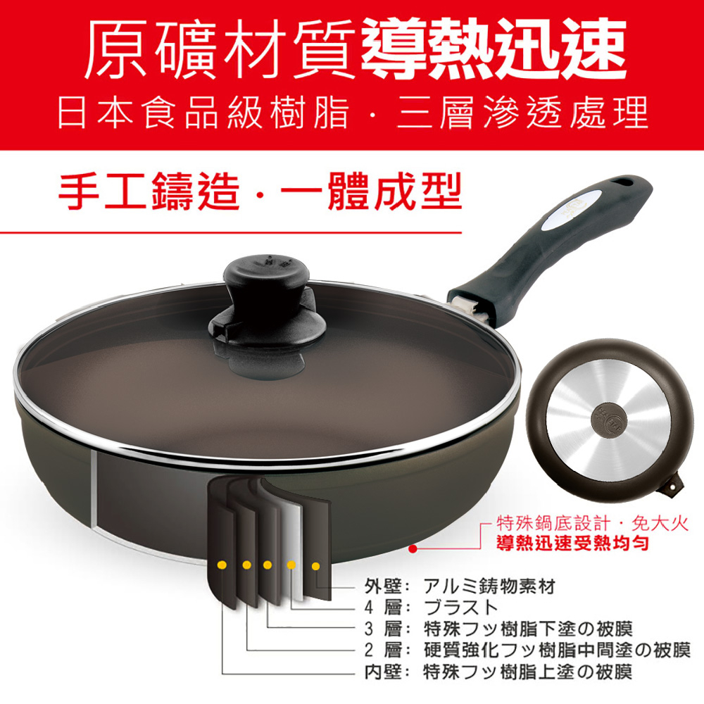 【日本Peacetar必仕達】澳洲原礦 手工鑄造 輕食不沾平底鍋26/28/30cm 不沾鍋 平底鍋 不粘鍋 炒鍋, , large