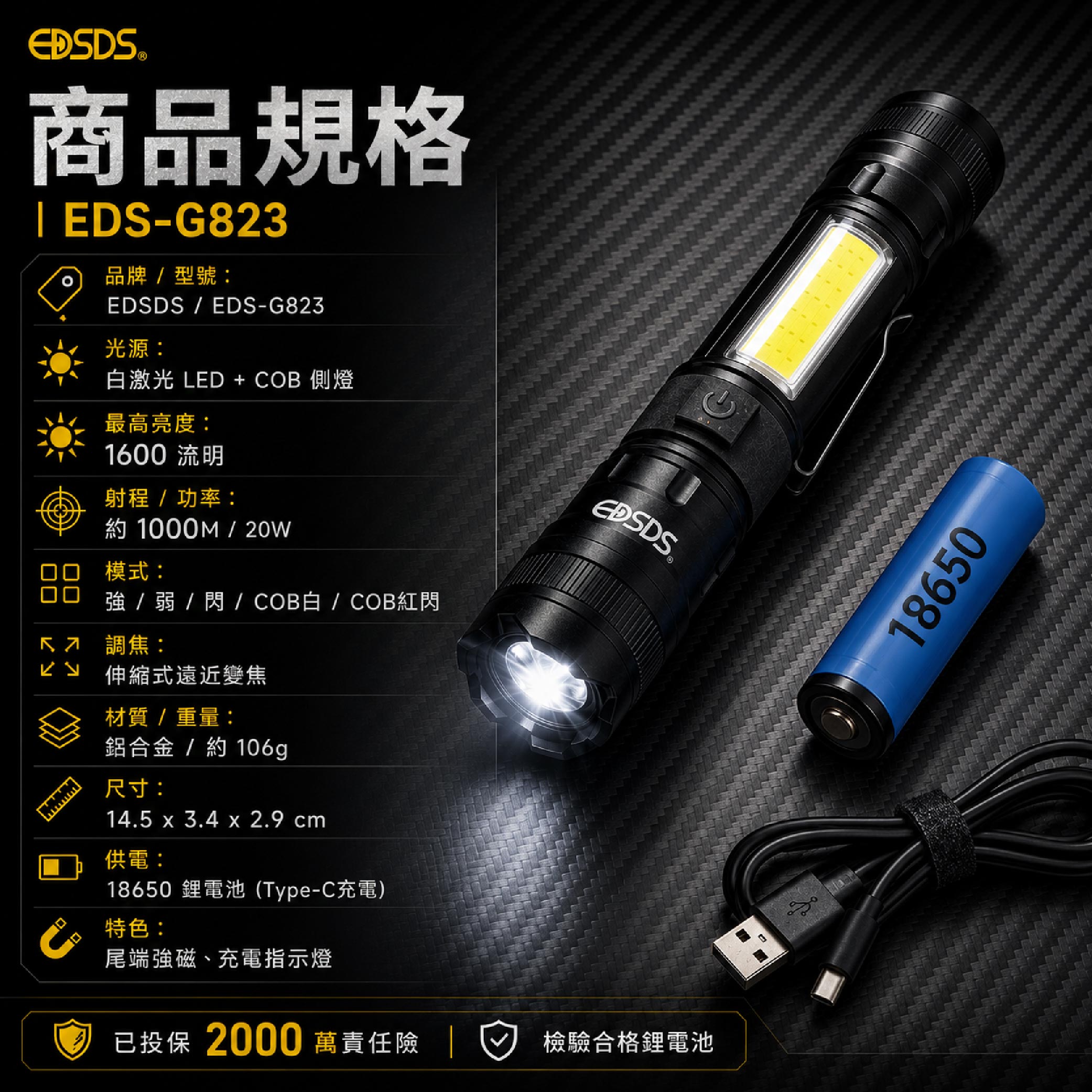 鉅玉經典｜20W白激光戰術手電筒 1600lm 雙光源COB磁吸工作燈 EDS-G823, , large