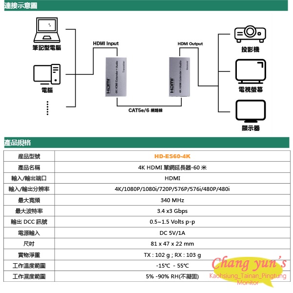 昌運監視器 HD-ES60-4K 4K 60米 HDMI單網延長器, , large