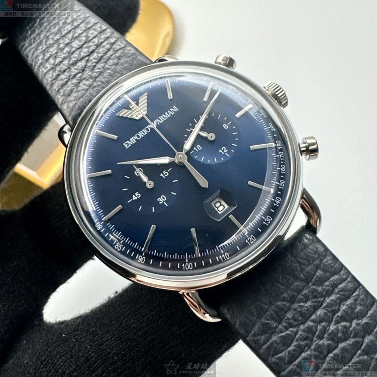 [星晴錶業]ARMANI手錶,42mm,AR00085寶藍色錶面銀錶殼深黑色真皮皮革錶帶款, , large