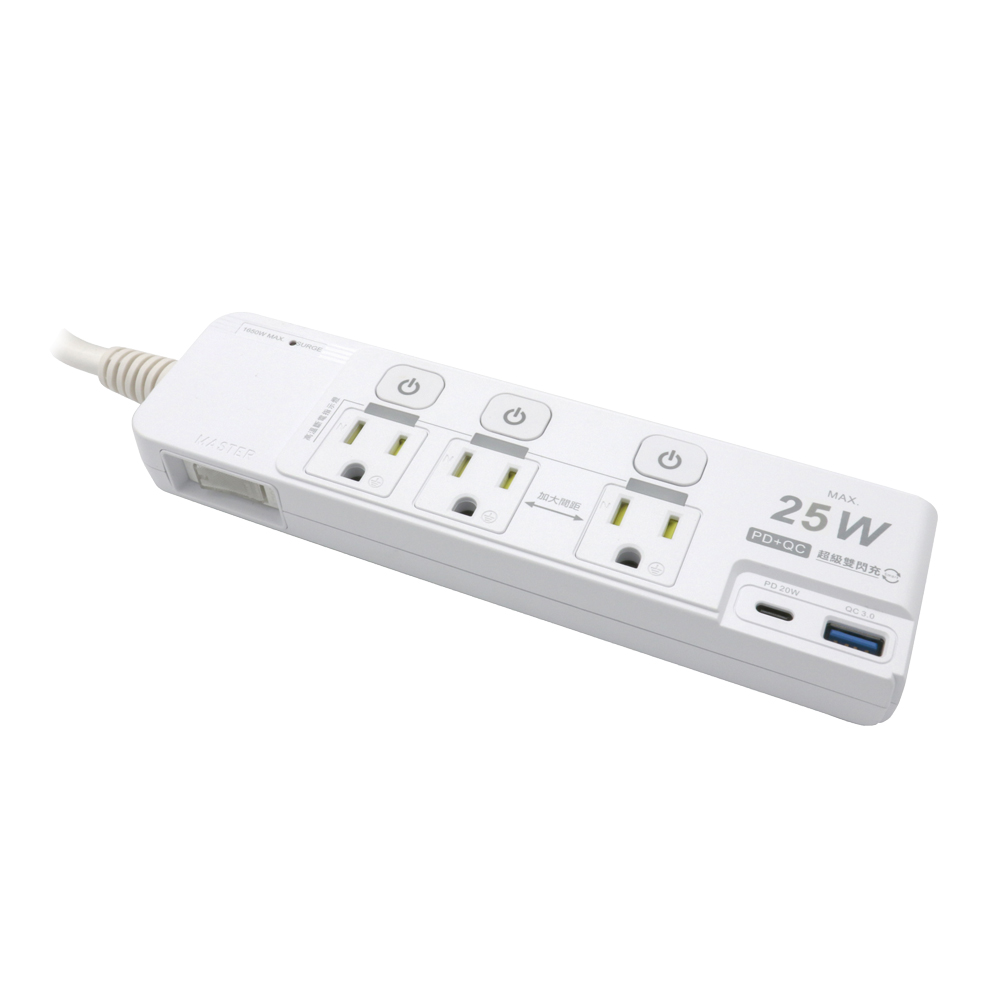 [寶旺旺] 日亞 防雷3孔4開3插PD 25W Type-C+QC3.0快充USB加大間距 延長線6尺(1.8M)(新安規 兒童保護蓋iphone適用) C-81P25NC, , large