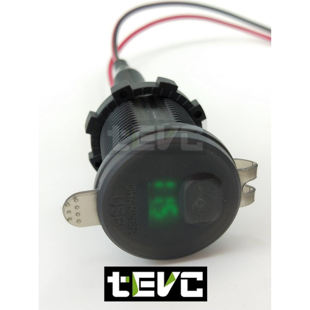 《tevc》快充 QC3.0 USB 充電器 充電座 透視電壓錶 防水軟蓋 機車 小U 機車充電器 機車充, 紅色字(末帶線), large