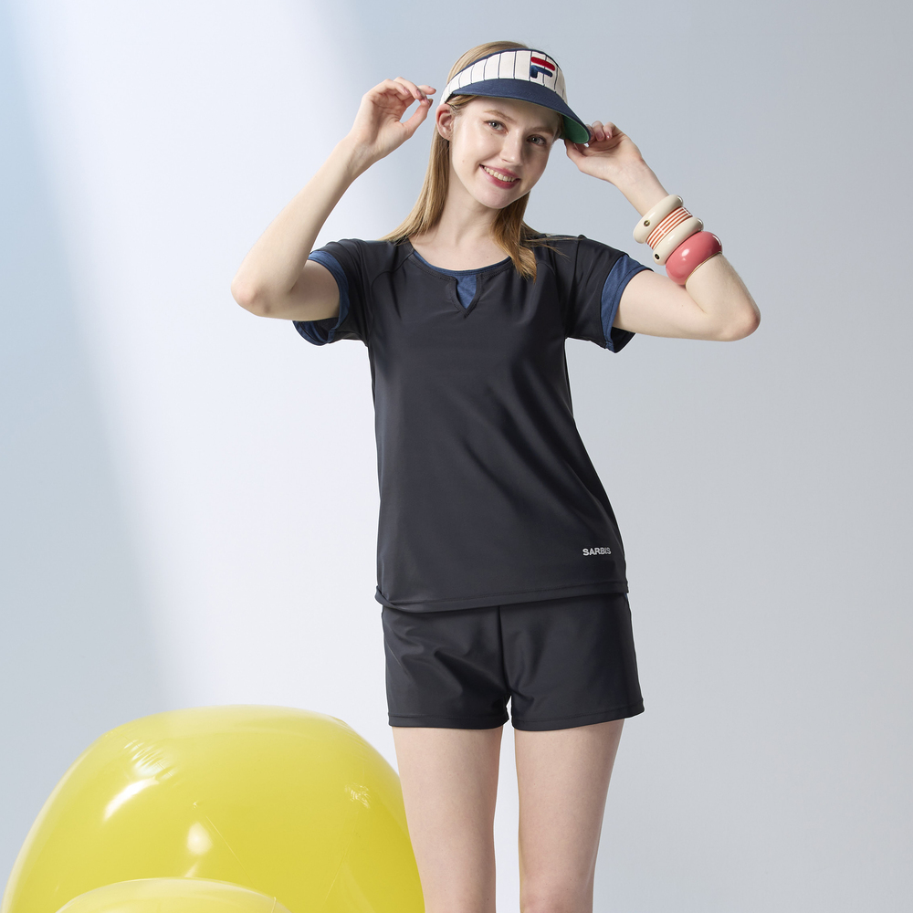 MONINA MIT short Sleeve Two Piece Swimsuit black Plus Size -L, , large