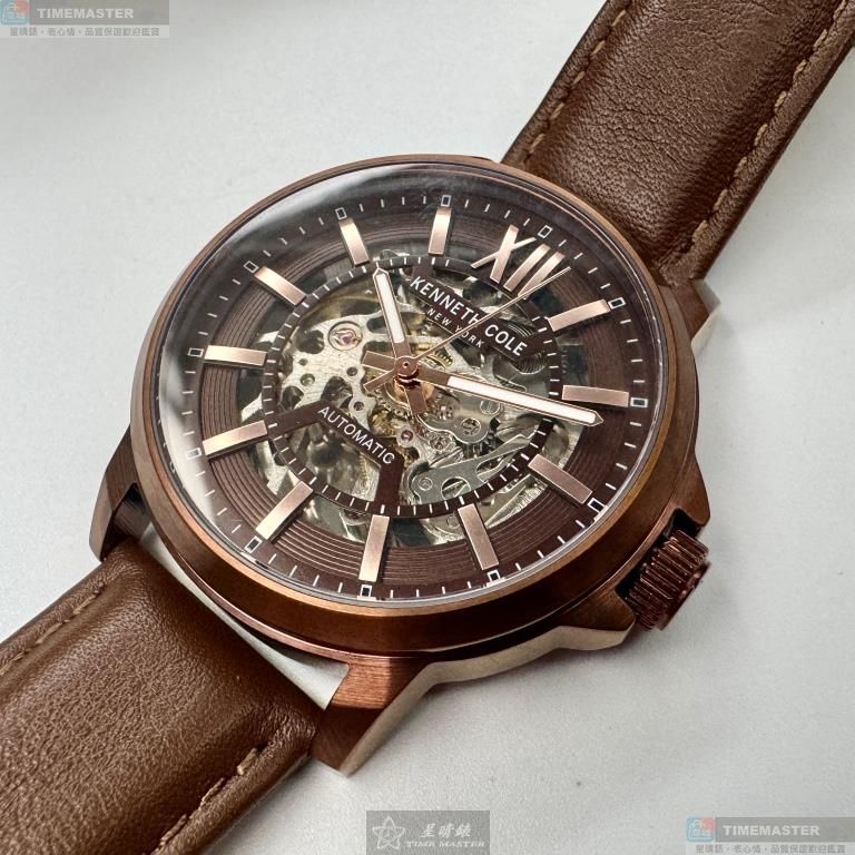 [星晴錶業]Kenneth Cole手錶,44mm,KC50779004古銅機械鏤空錶面古銅色錶殼咖啡色真皮皮革錶帶款, , large