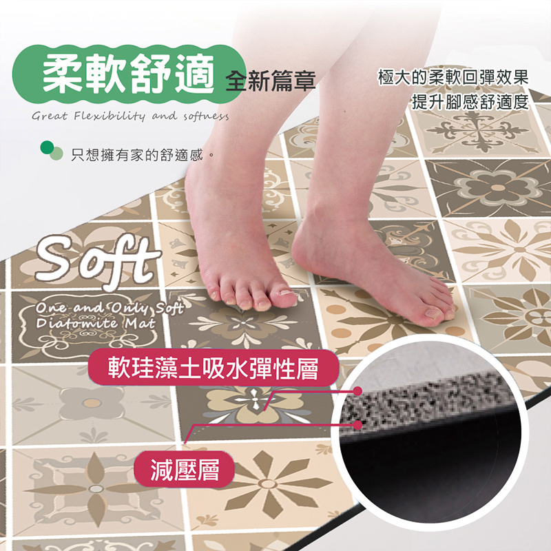 【Monster】 Soft Diatomaceous Earth Kitchen Absorbent Mat &ndash; Floral Seal Series (120x50cm) &ndash; Porcelain Diamond, , large