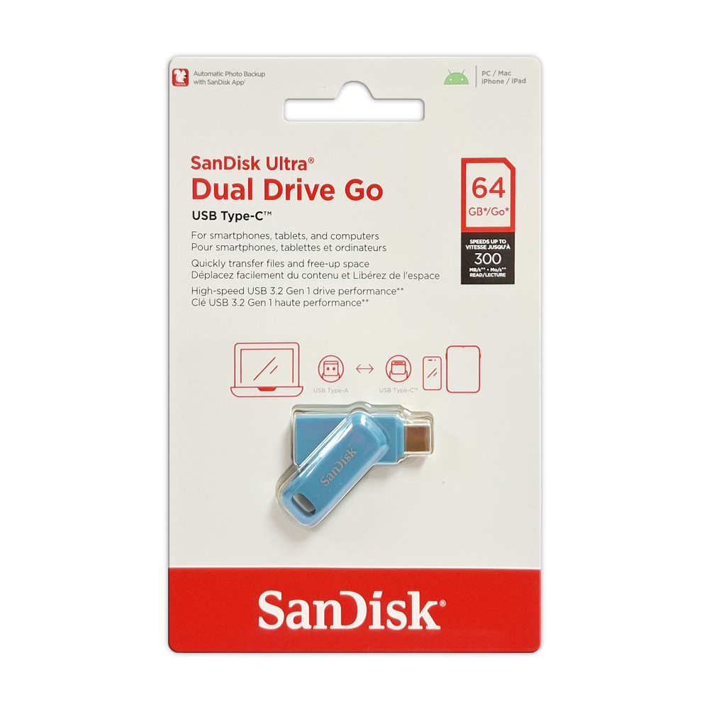 【SanDisk】Ultra GO 64G 海灣藍 TYPE-C USB 3.2 雙用 OTG 旋轉隨身碟 讀取速度 300MB/s, , large