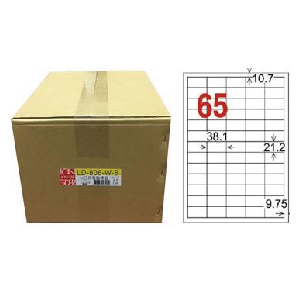 【龍德】LONGDER 三用電腦標籤 A4 65格 21.2*38.1mm白色1000張/箱 LD-806-W-B(適用雷射、噴墨、影印), , large
