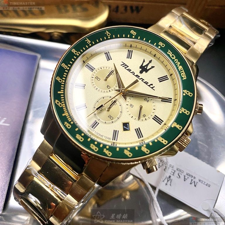 [星晴錶業]MASERATI手錶,44mm,R8873640005金色錶面綠金錶殼金色精鋼錶帶款, , large