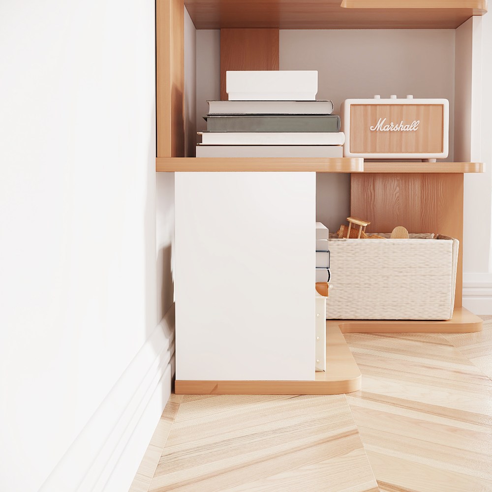 [Lele] L-shaped corner minimalist and practical bookshelf, two-tone natural wood + white, 3 shelves, 90x60 cm (solid wood bookshelf, shelf, storage rack), , large