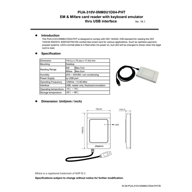 昌運監視器 PONGEE Pegasus PUA-310V-0NM0U1D04-PHT 無紅點EM&Mifare感應讀頭, , large
