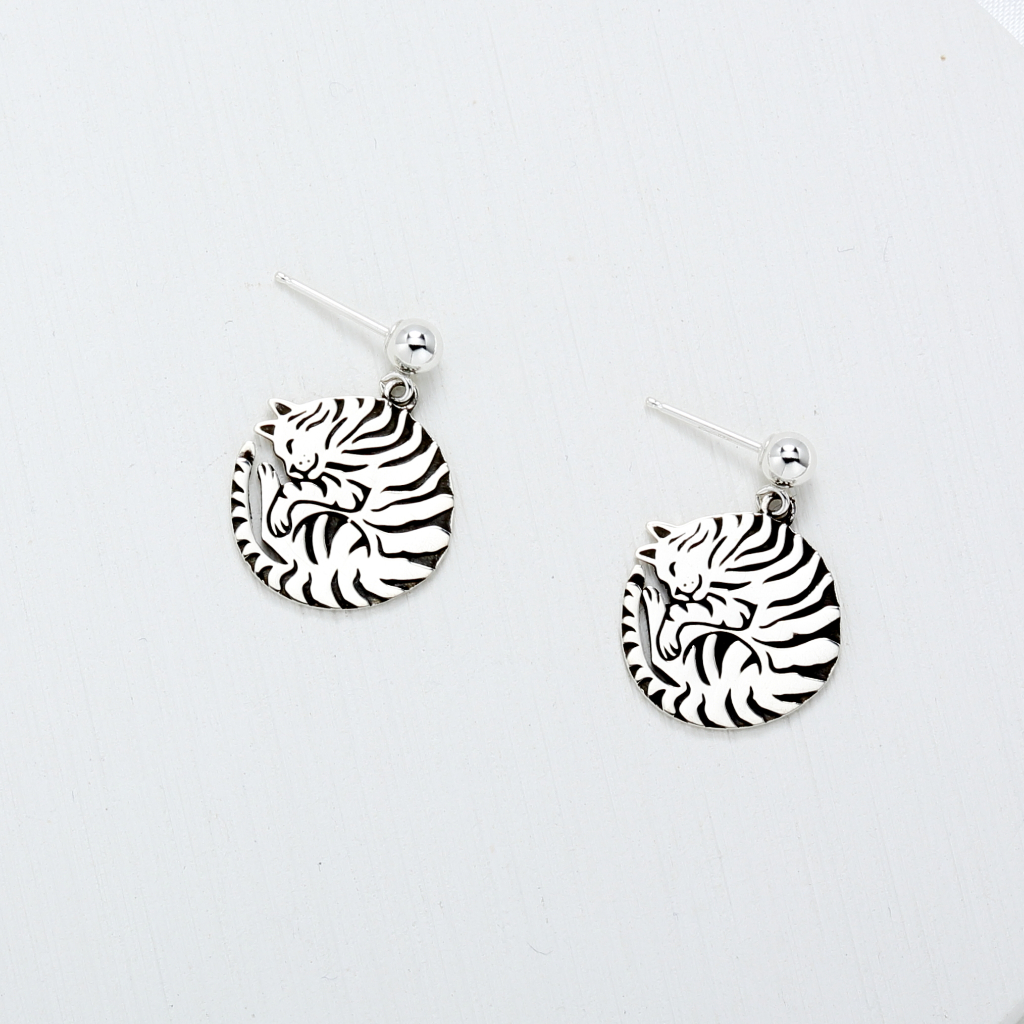 【Angel & Me】Sleepy Cat kitten meow s925 sterling silver earrings Birthday gift, , large