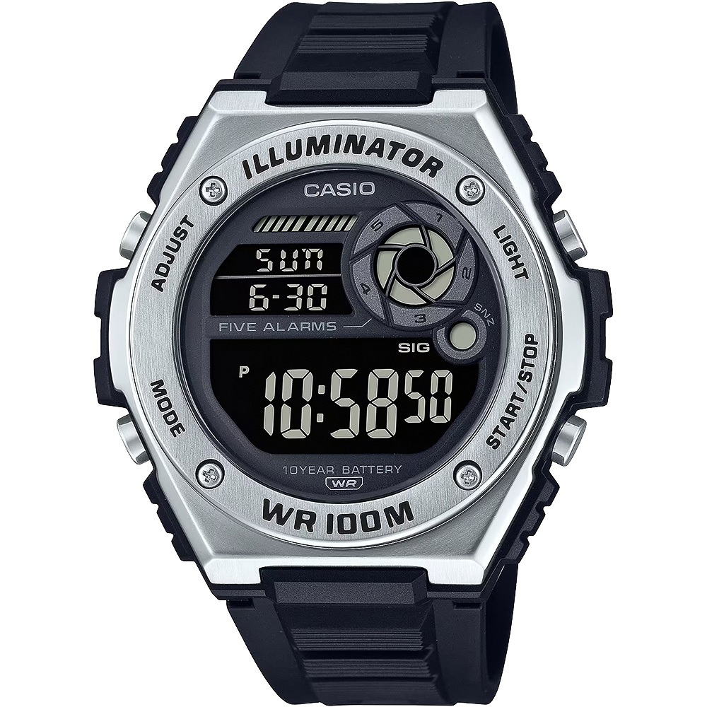 CASIO 卡西歐 10年電力金屬風計時手錶-黑x銀 MWD-100H-1BV, , large
