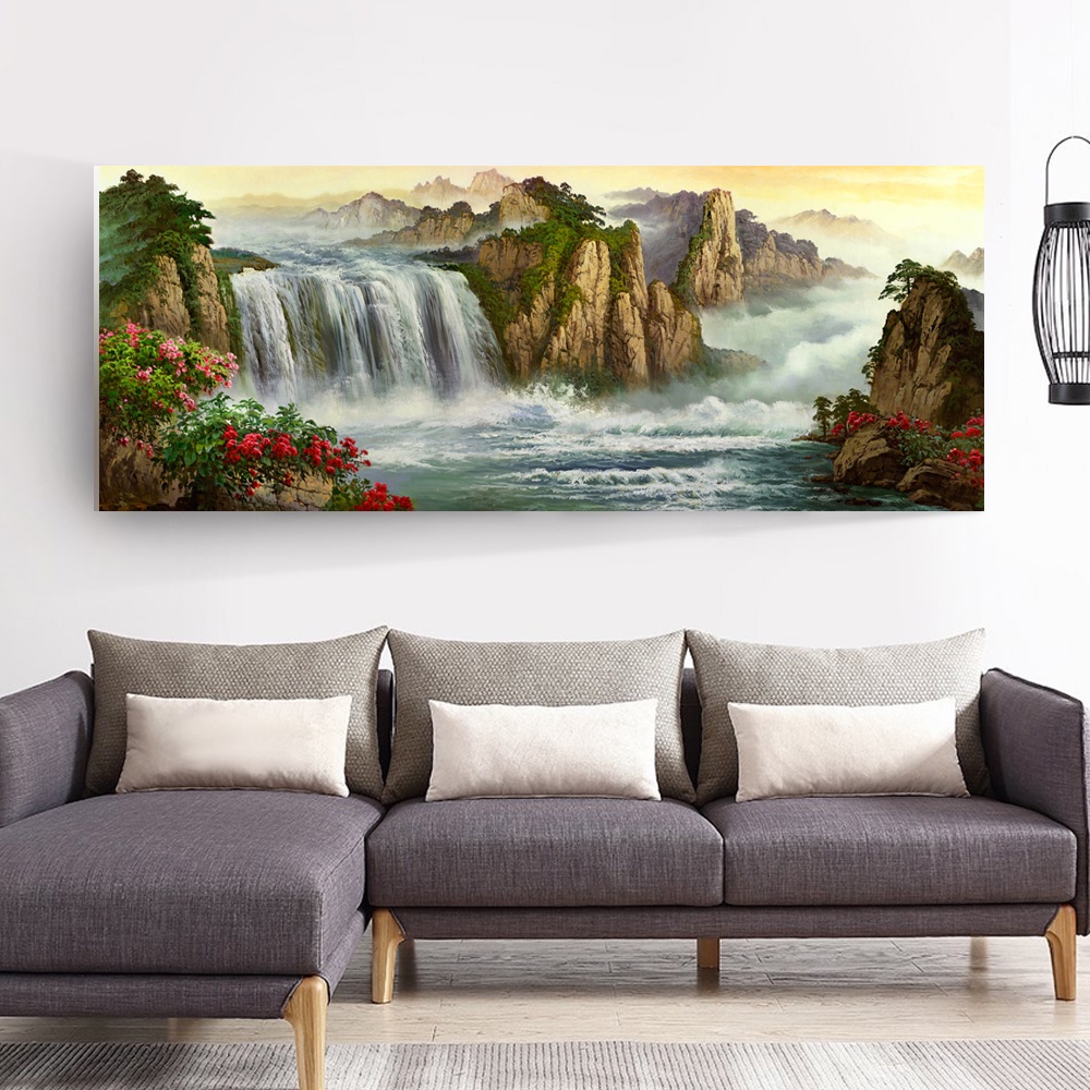 【御畫房】高山飛瀑 國家一級畫師手繪油畫60&times;120cm(VF-34), , large
