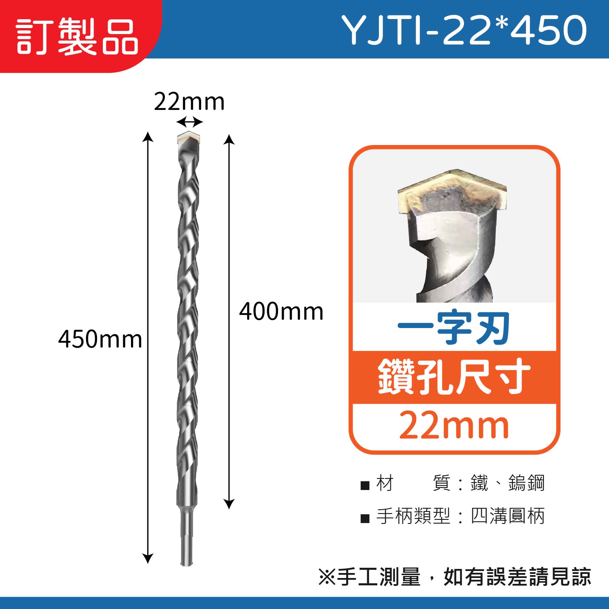 鉅玉經典｜ 四溝水泥鑽尾一字刃  YJTI-22*450, , large