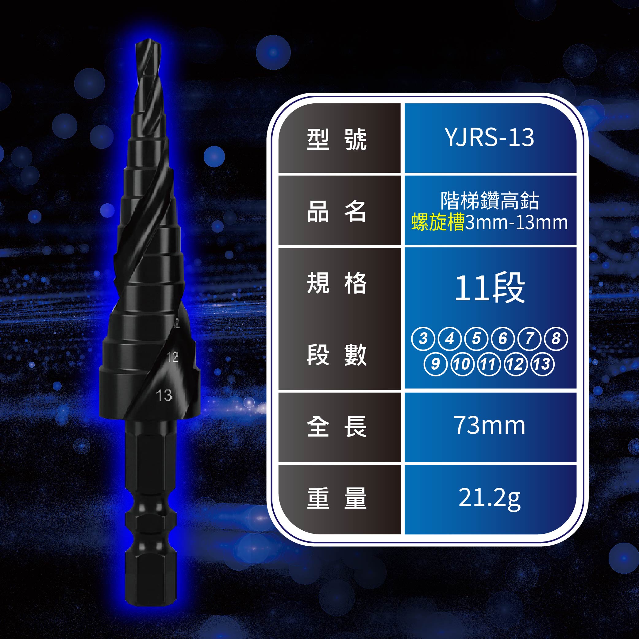 鉅玉經典｜階梯鑽 氮鋁化鈦 M2高速鋼 螺旋槽 YJRS-13, , large