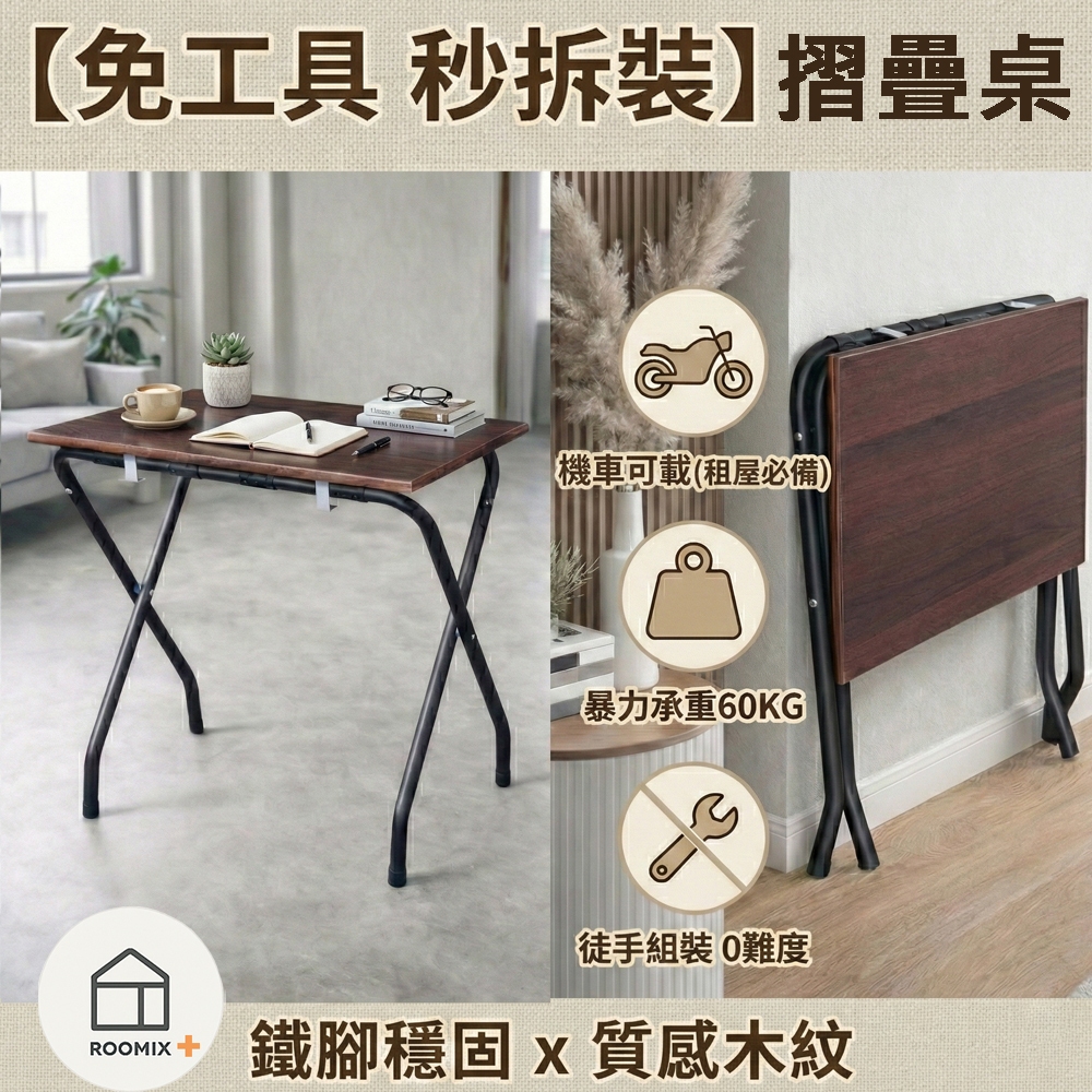 【ROOMIX】機車可載 折疊桌 露營桌 邊桌 工業風 快組 耐重60kg 免工具安裝 台灣製造｜便攜戶外桌 租屋桌, , large