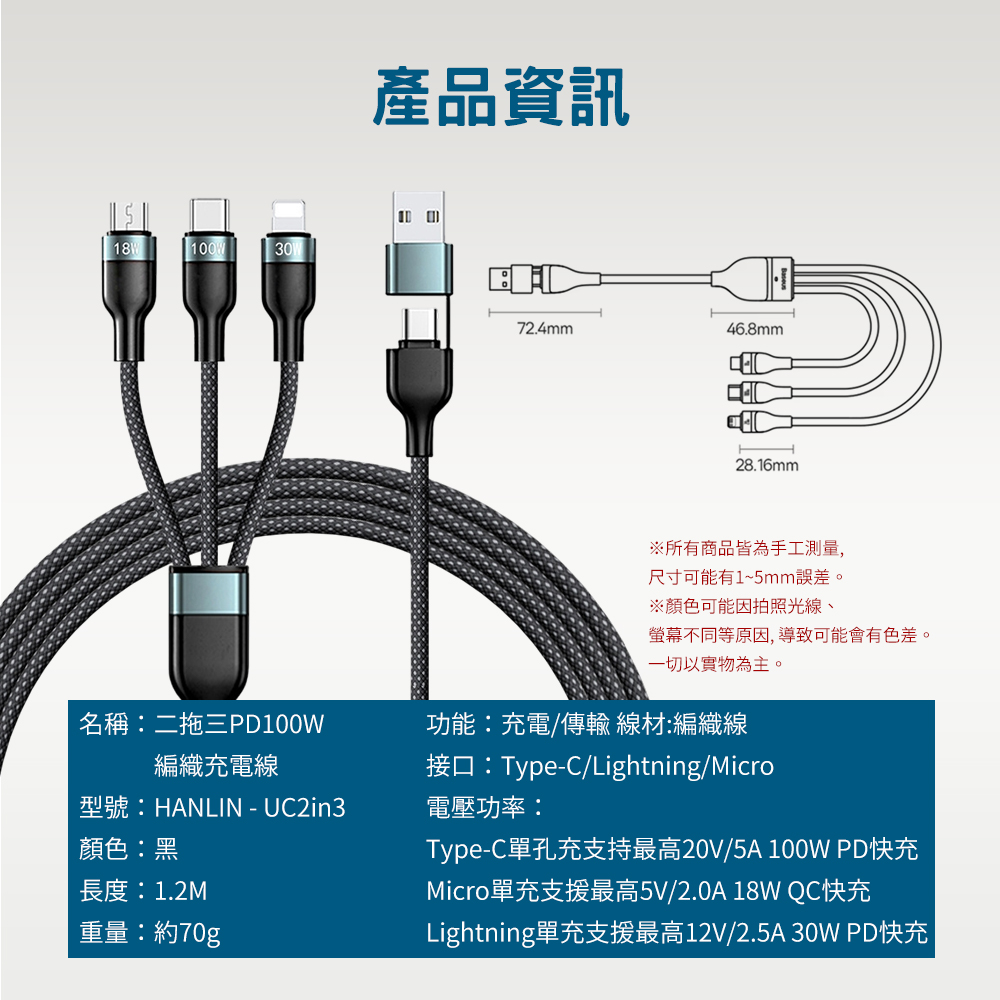 [HANLIN] UC2in3 二拖三PD100W編織充電線 100W U+C to M+L+T 全兼容 PD快充 充電線1.2米, , large