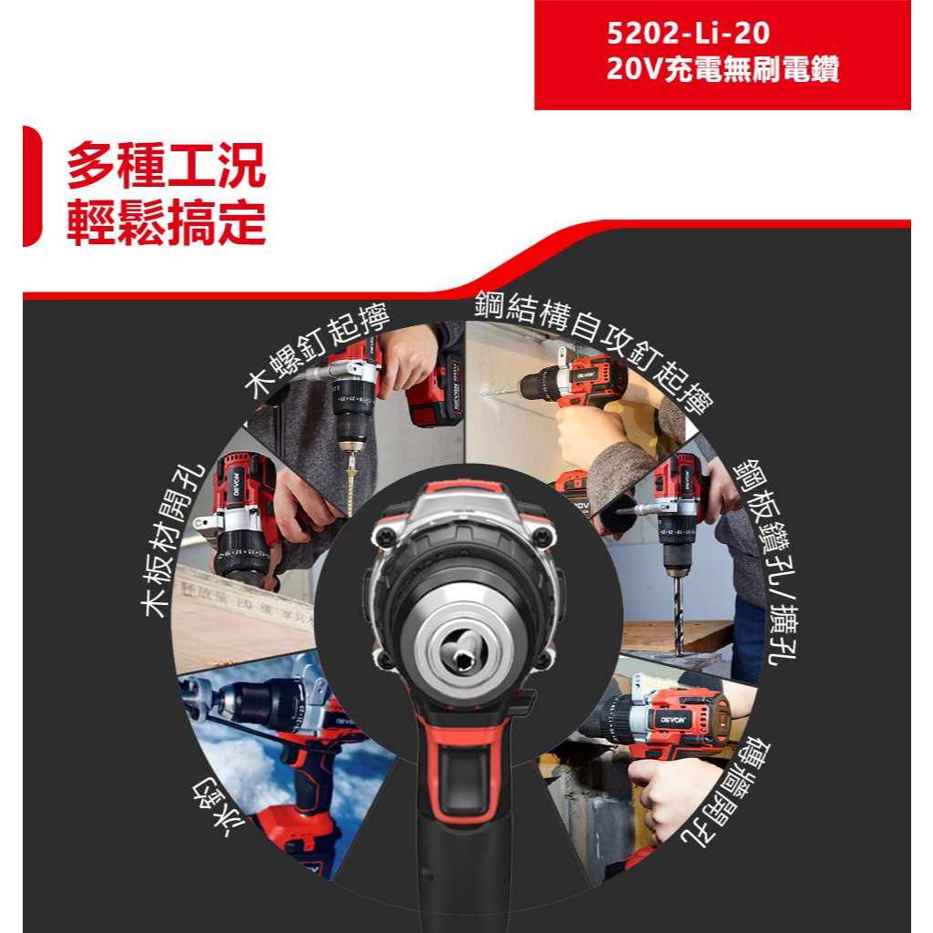 WIN五金 DEVON 大有 20V無刷三用震動電鑽 <5202-Li-20+4.0電池組> 160Nm Turbo模式 板模電鑽, , large