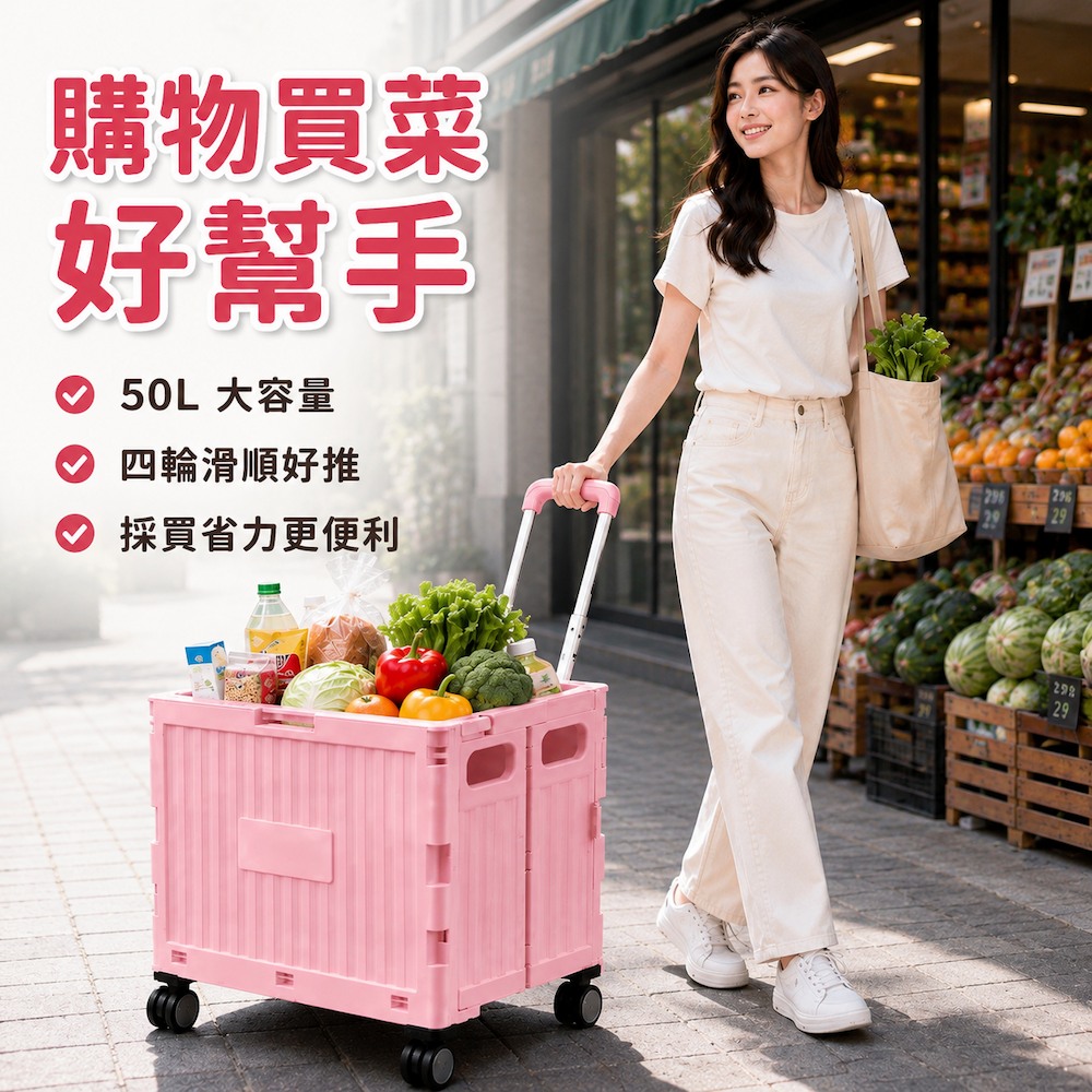 【A&R】亮彩系萬向四輪折疊收納購物手推車 50L 任選, , large