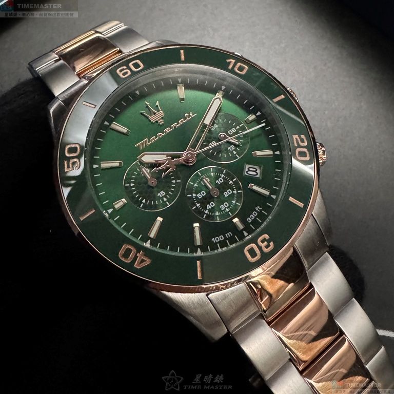 [星晴錶業]MASERATI手錶,44mm,R8873600004墨綠色錶面金綠色錶殼金銀相間精鋼錶帶款, , large