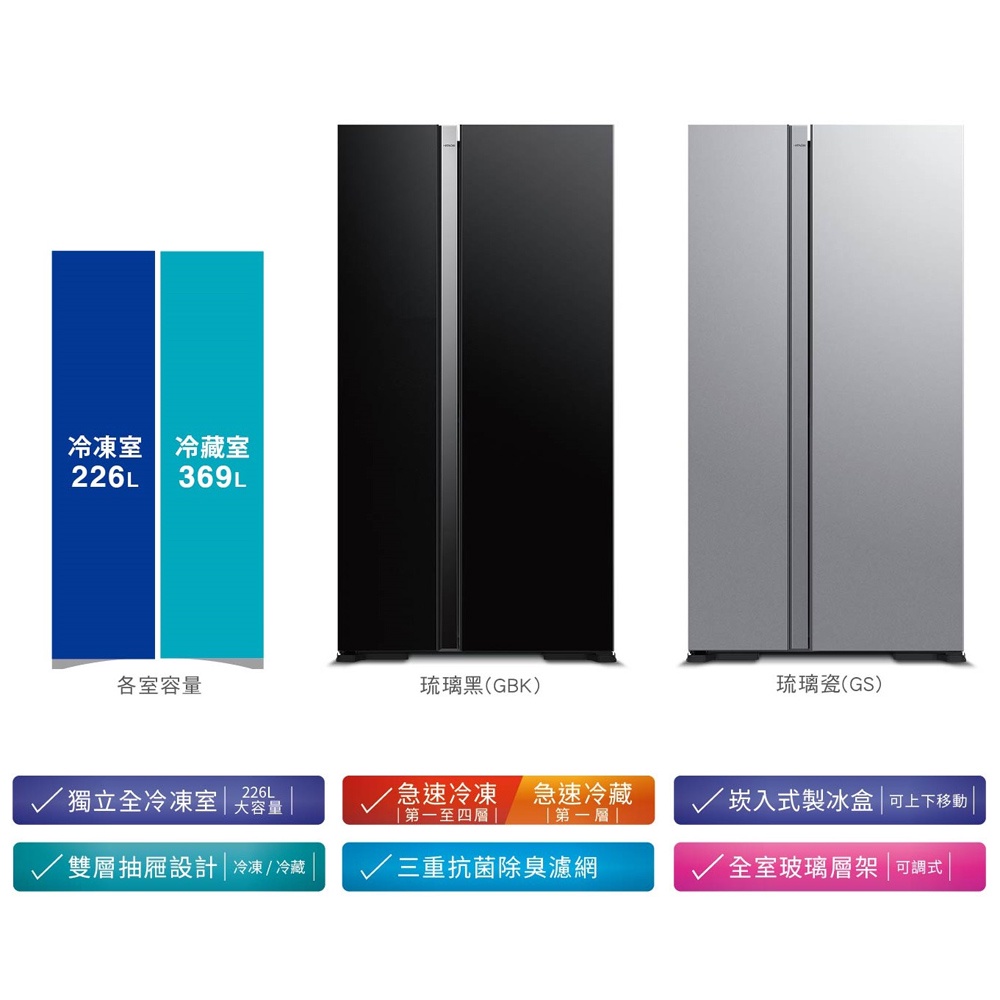 HITACHI 日立 595L二級能效變頻雙門對開冰箱 RS600PTW-GBK琉璃黑, , large