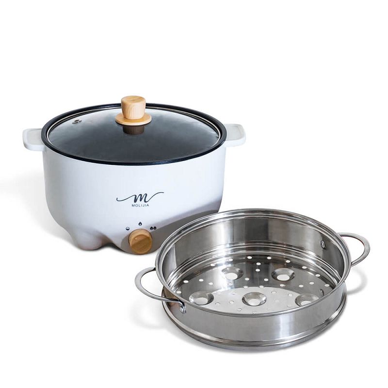 【MOLIJIA】3L-M22 Multifunctional Non-stick Electric Hot Pot + M2209 Stainless Steel Steamer - White Wood Grain, , large