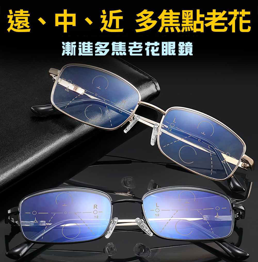 MEGASOL 輕量彈性記憶金屬航鈦金屬半方框漸進多焦老花眼鏡(知性俐落細框中性款YSL-LH1066) 黑色 100度, , large