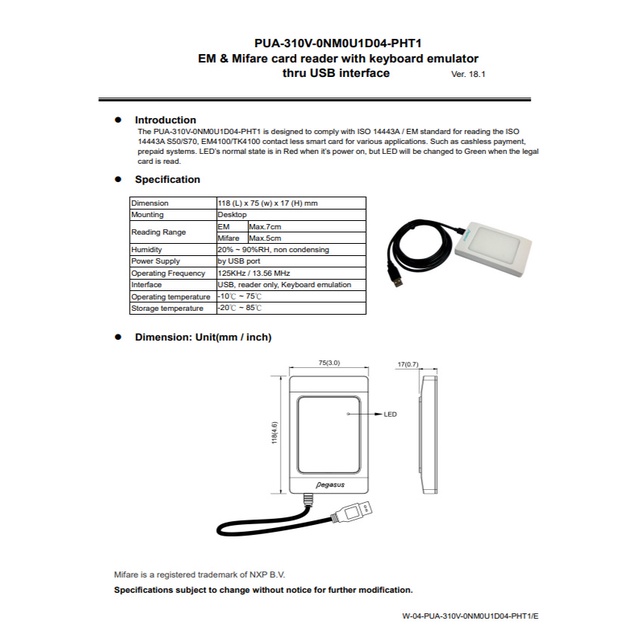 昌運監視器 PONGEE Pegasus PUA-310V-0NM0U1D04-PHT1 紅點EM&Mifare感應讀頭, , large