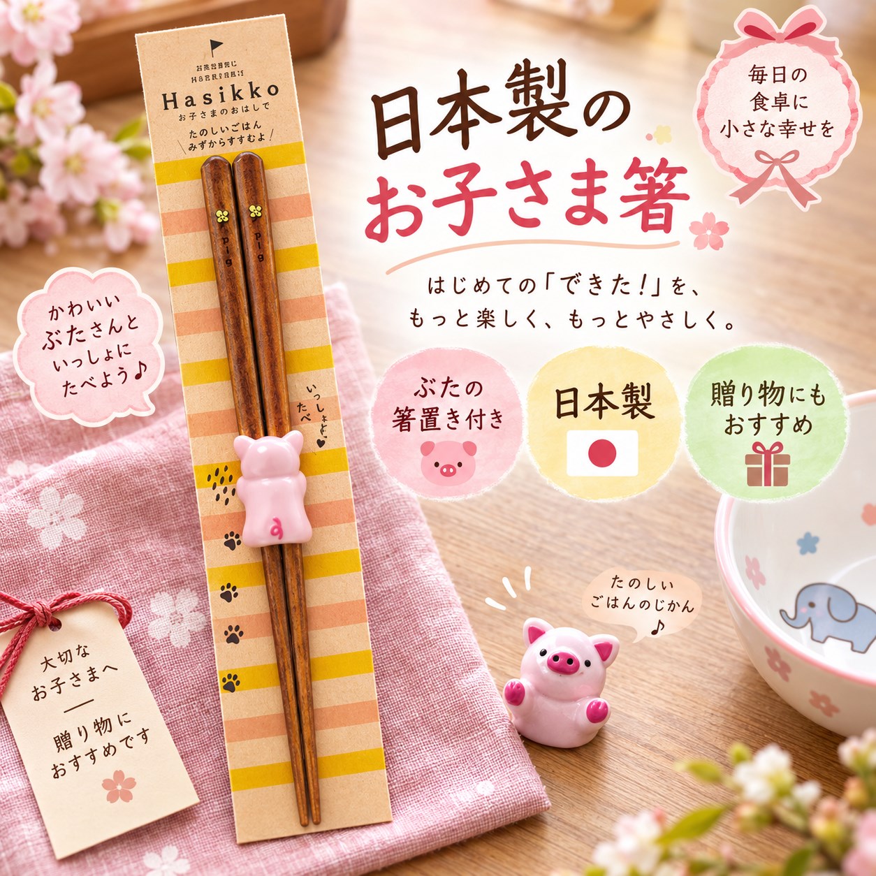 【HIYASU日安工坊】日本兒童箸-小豬 附筷架, , large