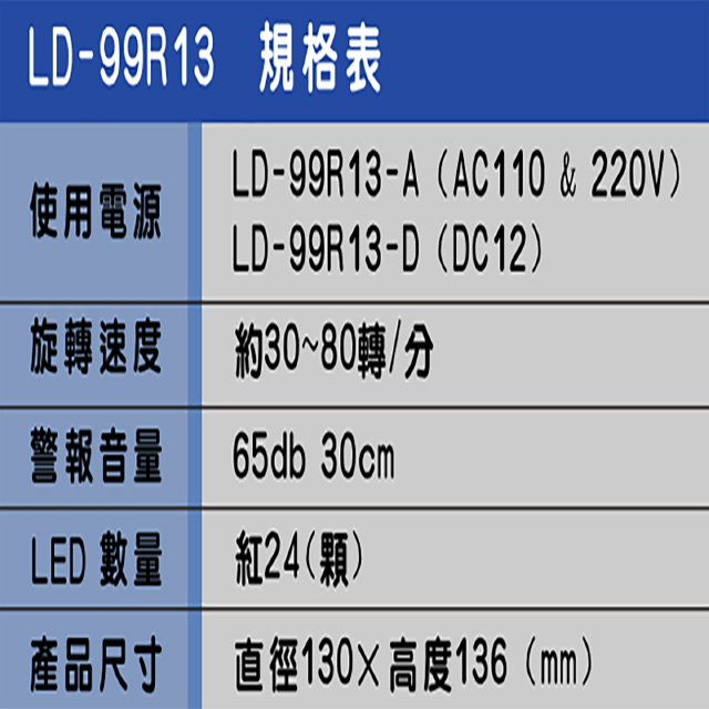 昌運監視器 LD-99R13 AC220V 中型紅色LED警報旋轉燈(含L鍍鋅鐵板支架及蜂鳴器), , large