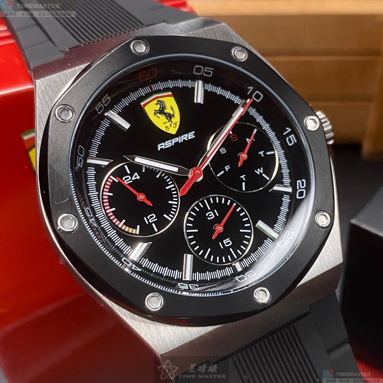 [星晴錶業]FERRARI手錶,42mm,FE00043黑色錶面銀錶殼深黑色矽膠錶帶款, , large
