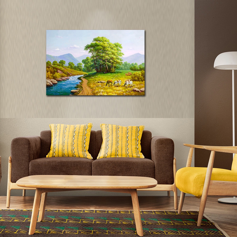 【御畫房】溪邊牧牛 國家一級畫師手繪油畫60&times;90cm(VF-07), , large