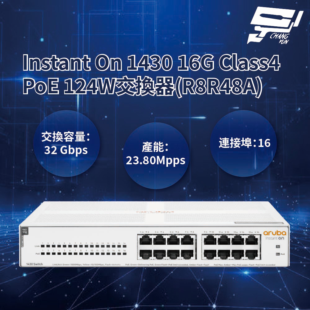 昌運監視器Aruba HPE IOn 1430 16G Class4 PoE 124W交換器(R8R48A), , large