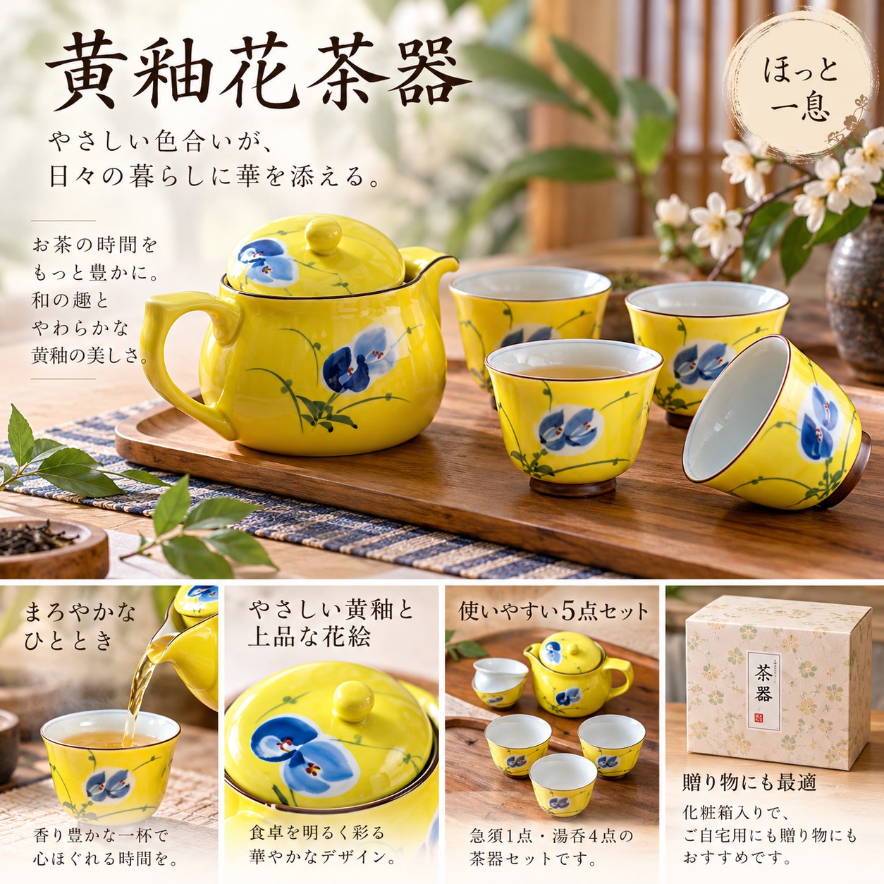 【HIYASU日安工坊】黃釉花茶器 <化粧箱>, , large